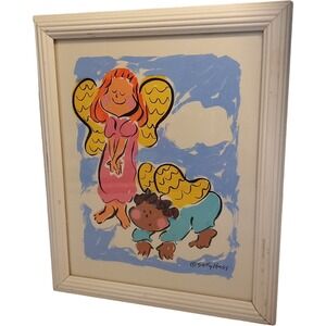 Sally‎ Huss Framed Art Print Angels Sky Clouds Happy Kids Vtg 11.5x9.25" READ